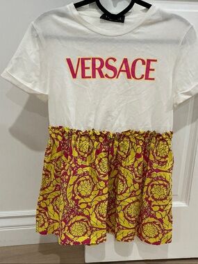 Versace White Tee with Pink and Yellow Baroque Skirt
